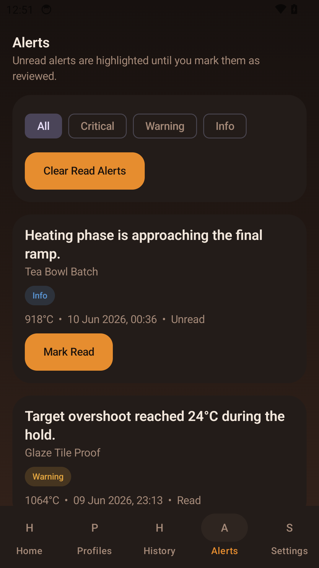 Kiln Watch alerts screen