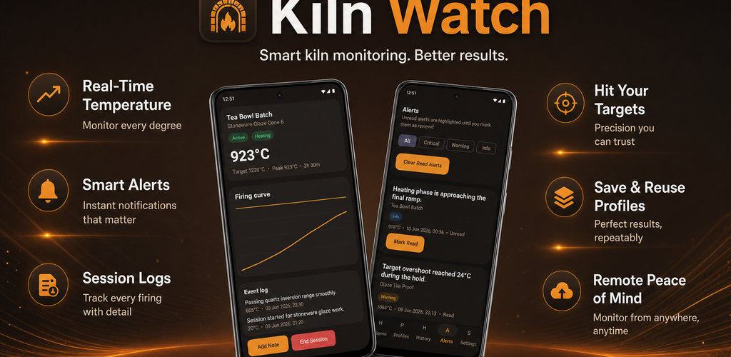 Kiln Watch promotional banner with app screens